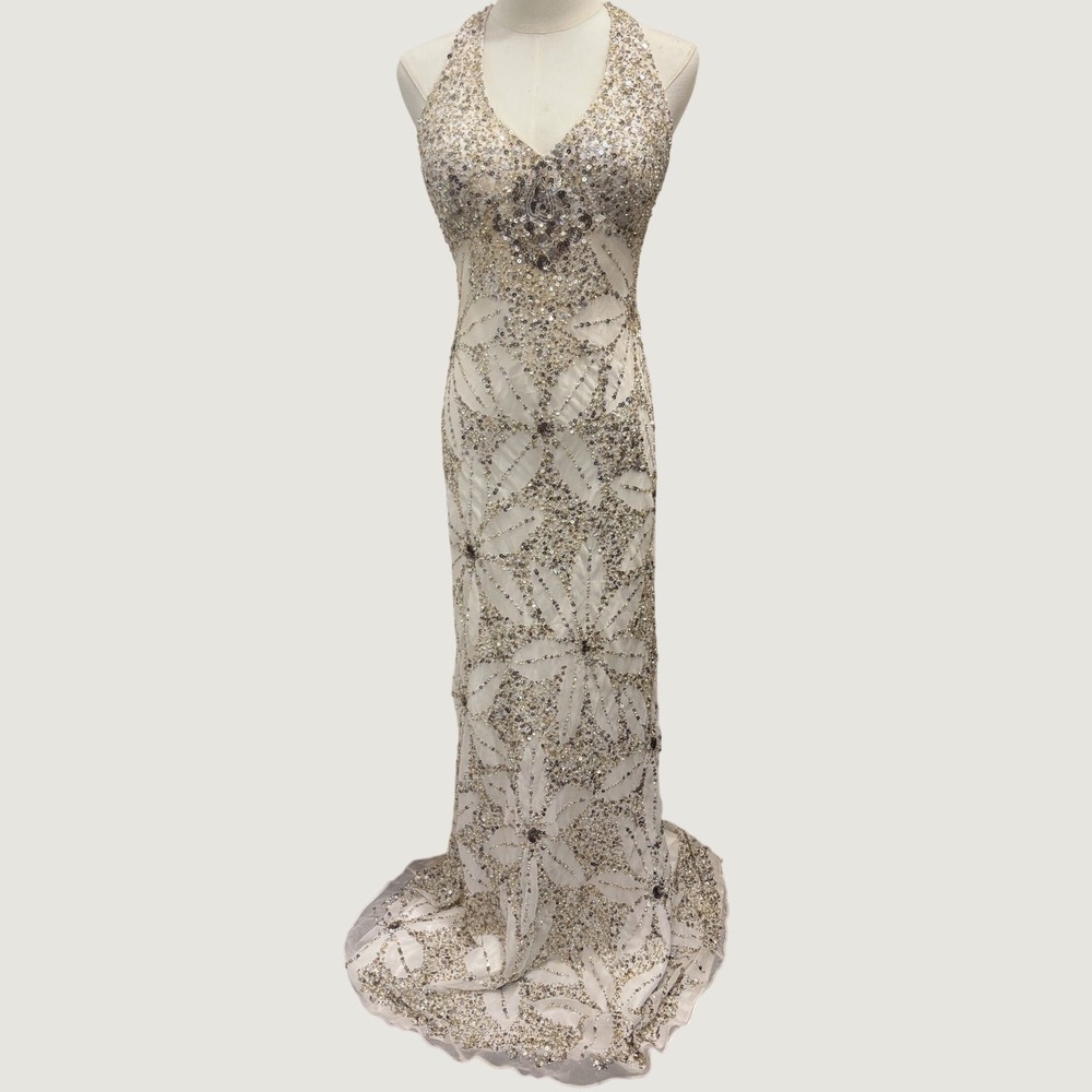 Adrianna Papell Cream Floral Sequin Halter Gown Metallic Open Back 2 Prom Hoco